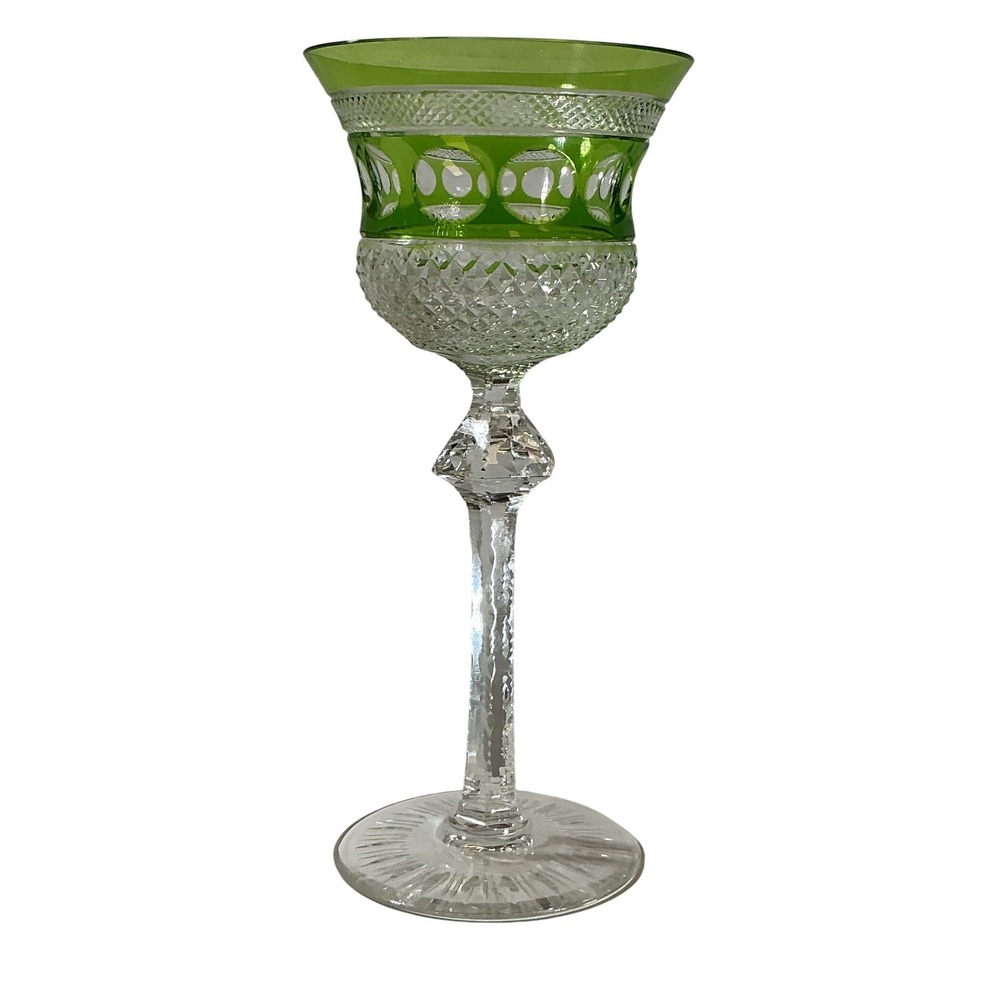 Vintage Green Cut to Clear Crystal Wine Hock Tall Stem Faceted Glassware